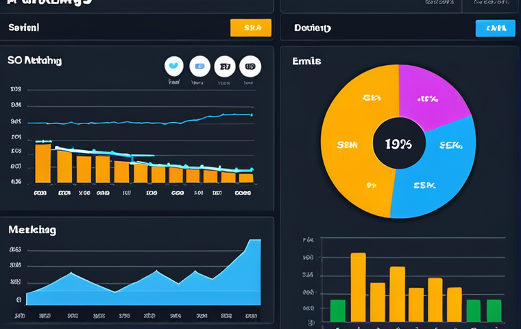 **A vibrant digital marketing dashboard displaying SEO, SEM, email marketing, and social media metrics. Include charts, graphs, and key performance indicators (KPIs) to represent data analysis. The scene should convey a sense of strategic insight and informed decision-making.**