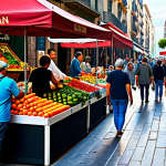 **

"A vibrant street market scene in Barcelona, Spain. Overflowing stalls with fresh produce, colorful flowers, and local crafts. People are browsing and interacting with vendors.  Bright, sunny day.  High detail, realistic rendering, safe for work, family-friendly, professional quality."

**