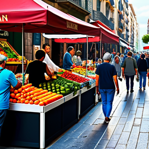 Home 8 **
"A vibrant street market scene in Barcelona, Spain. Overflowing stalls with fresh produce, colorful flowers, and local crafts. People are browsing and interacting with vendors. Bright, sunny day. High detail, realistic rendering, safe for work, family-friendly, professional quality."
**