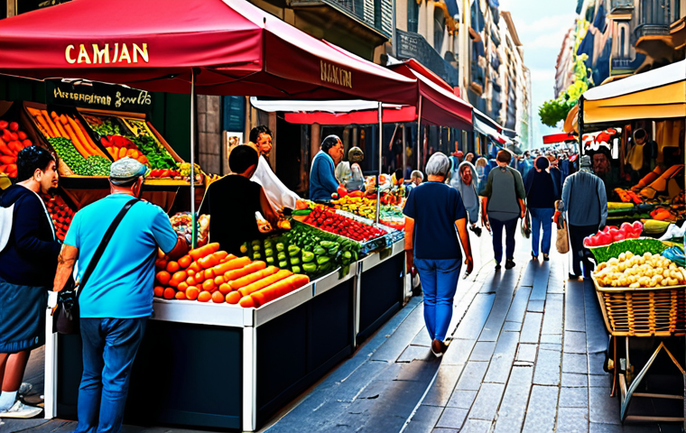 **

"A vibrant street market scene in Barcelona, Spain. Overflowing stalls with fresh produce, colorful flowers, and local crafts. People are browsing and interacting with vendors.  Bright, sunny day.  High detail, realistic rendering, safe for work, family-friendly, professional quality."

**