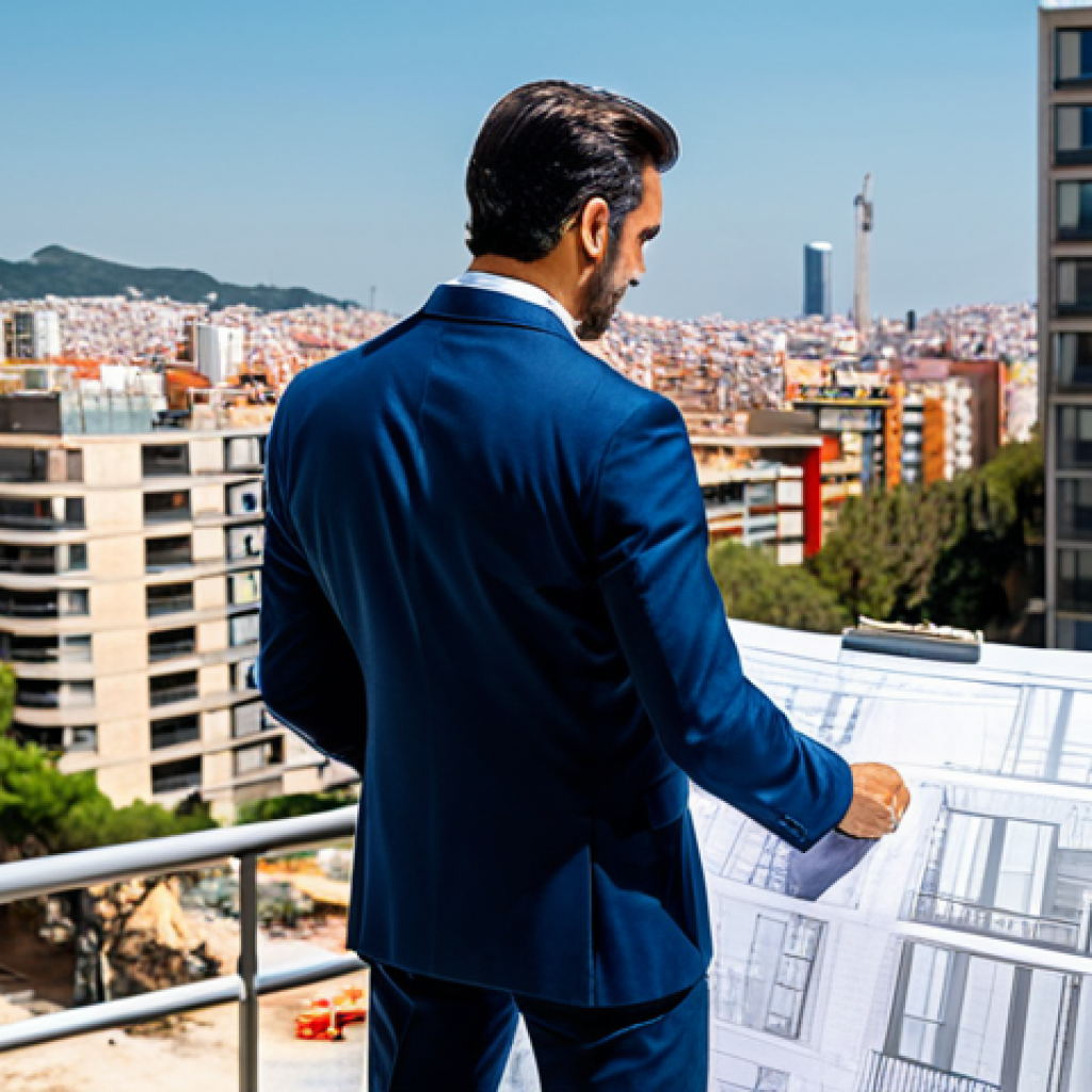 **

A professional architect in a fully clothed, tailored suit, reviewing blueprints on a construction site in Barcelona. Modern buildings in the background. Safe for work, appropriate content, perfect anatomy, correct proportions, professional attire, high quality.

**
