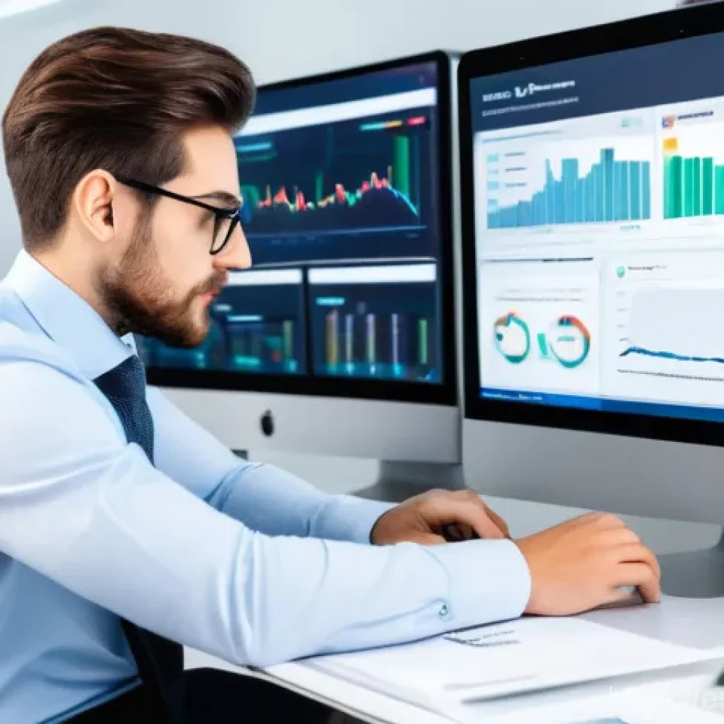 스타트업 마케팅 성장 전략 - A focused young entrepreneur, dressed in smart casual attire, sits at a modern desk, surrounded by m...