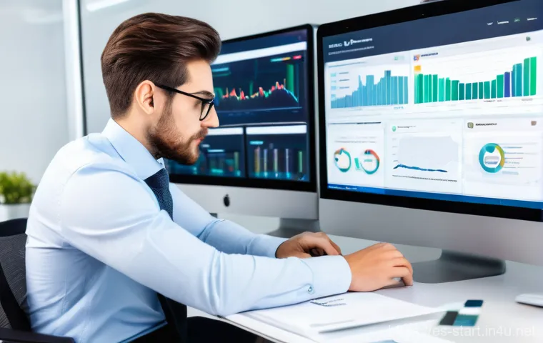 스타트업 마케팅 성장 전략 - A focused young entrepreneur, dressed in smart casual attire, sits at a modern desk, surrounded by m...