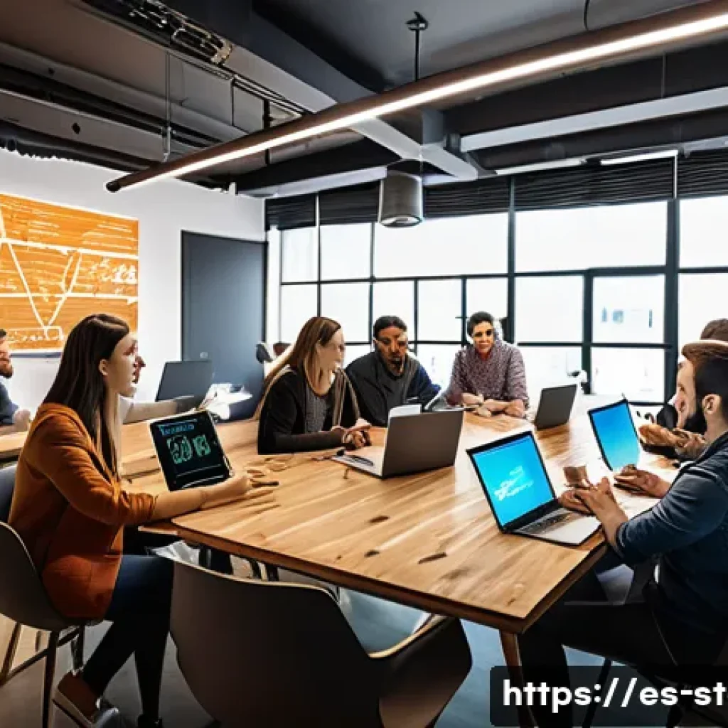 스타트업 마케팅 자격 취득 방법 - A professional workshop setting in a modern co-working space in Spain, featuring a diverse group of ...