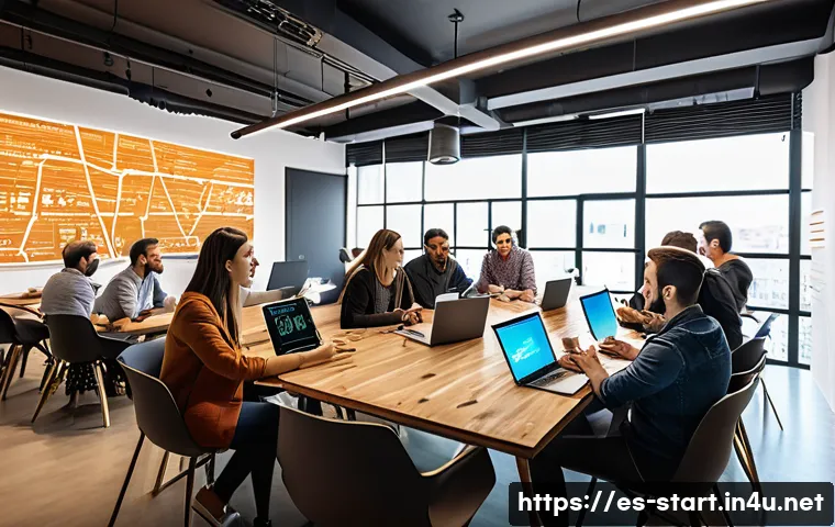 스타트업 마케팅 자격 취득 방법 - A professional workshop setting in a modern co-working space in Spain, featuring a diverse group of ...