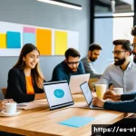 스타트업 마케팅과 경영학 - A modern startup office scene in a vibrant Latin American city, featuring a diverse team of young pr...