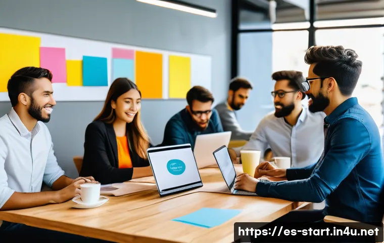 스타트업 마케팅과 경영학 - A modern startup office scene in a vibrant Latin American city, featuring a diverse team of young pr...