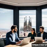 스타트업 마케팅에서의 경쟁력 강화 - A modern startup office scene in Barcelona, Spain, showing a diverse team of young professionals col...