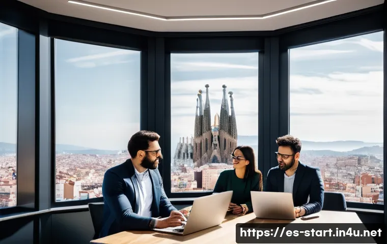 스타트업 마케팅에서의 경쟁력 강화 - A modern startup office scene in Barcelona, Spain, showing a diverse team of young professionals col...