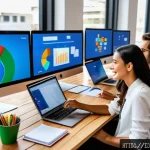 스타트업 마케팅 자격증 과정 - A modern startup office scene in a vibrant Latin American city, showing a diverse team of young prof...