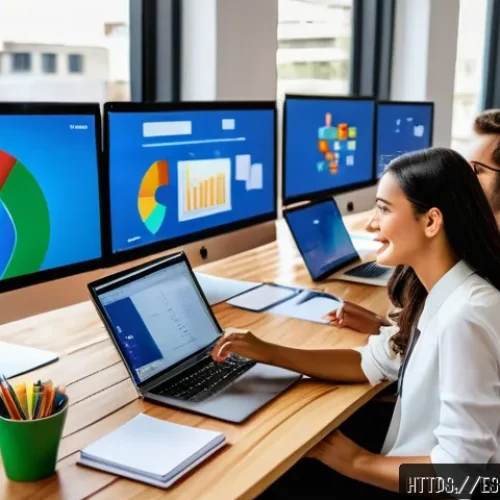 스타트업 마케팅 자격증 과정 - A modern startup office scene in a vibrant Latin American city, showing a diverse team of young prof...