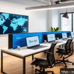 스타트업 마케팅 전문 자격증 - A modern startup office environment with a diverse team of young professionals collaborating on digi...