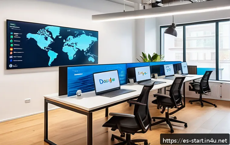 스타트업 마케팅 전문 자격증 - A modern startup office environment with a diverse team of young professionals collaborating on digi...