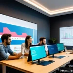 스타트업 마케팅 업무 진단 - A modern startup office scene with a diverse team of young Spanish professionals analyzing marketing...