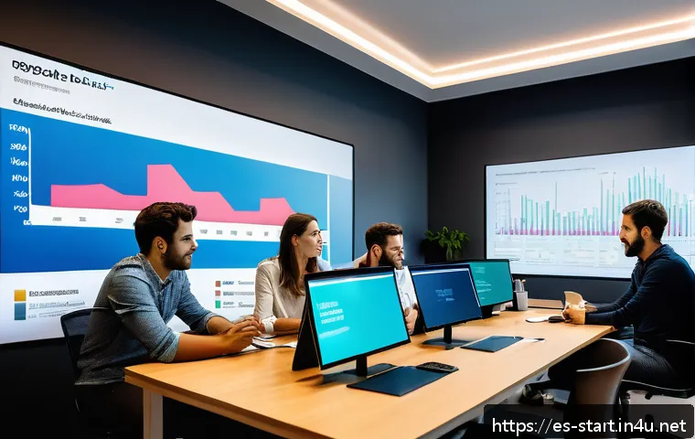 스타트업 마케팅 업무 진단 - A modern startup office scene with a diverse team of young Spanish professionals analyzing marketing...