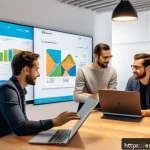 스타트업 마케팅 업무 변화 예측 - A modern startup office setting in Spain, featuring diverse young professionals collaborating around...