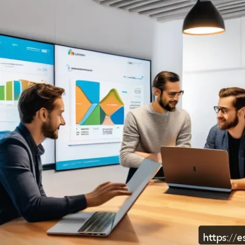 스타트업 마케팅 업무 변화 예측 - A modern startup office setting in Spain, featuring diverse young professionals collaborating around...