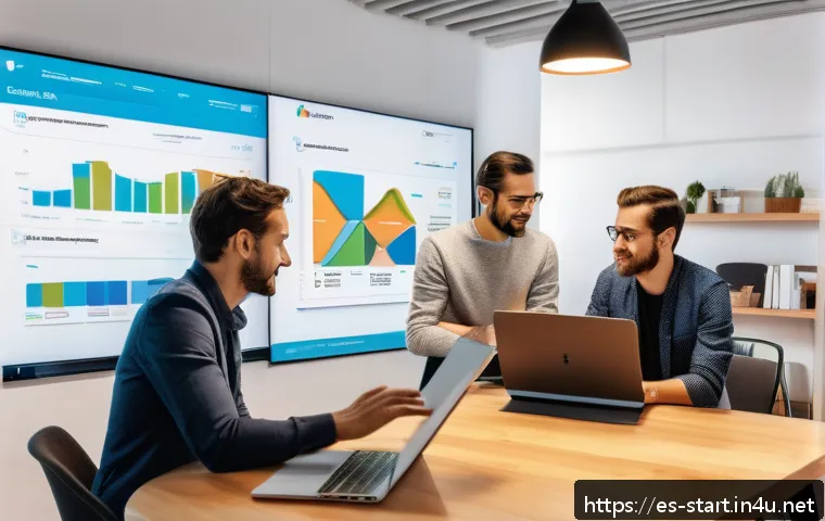 스타트업 마케팅 업무 변화 예측 - A modern startup office setting in Spain, featuring diverse young professionals collaborating around...