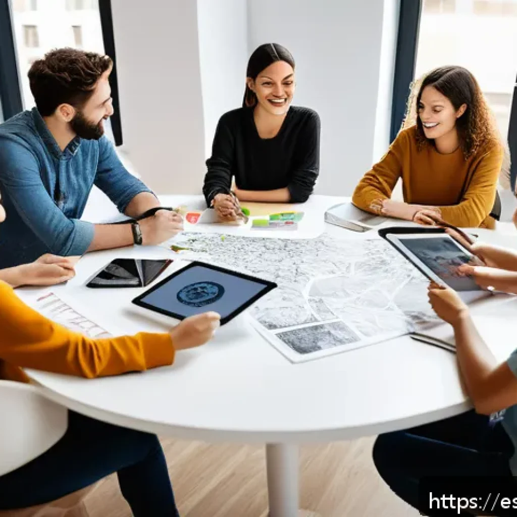 스타트업 마케팅 실무 교육 - A modern startup office scene focused on brand building, showing a diverse team of young professiona...