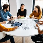 스타트업 마케팅 실무 교육 - A modern startup office scene focused on brand building, showing a diverse team of young professiona...