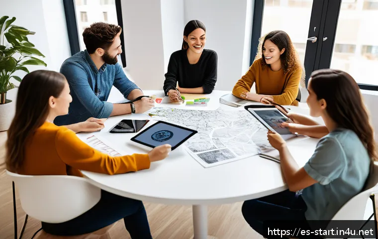 스타트업 마케팅 실무 교육 - A modern startup office scene focused on brand building, showing a diverse team of young professiona...