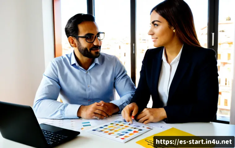Home 17 스타트업 마케팅 연봉 협상 방법 - Photorealistic salary negotiation meeting at a modern startup office in Madrid, confident Hispanic m...